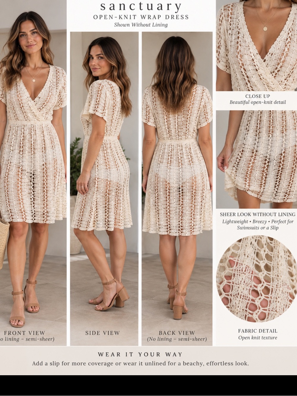 Sanctuary Cream Open-Knit Wrap Dress w/ out lining. M